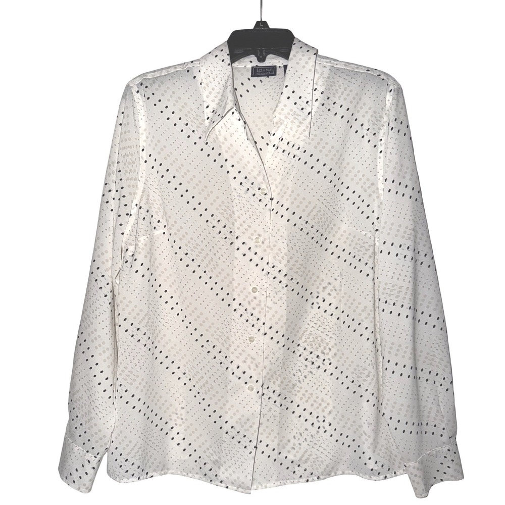 Laura Scott Women's White Dot‎ Print Long Sleeve Button Up Shirt Size 18